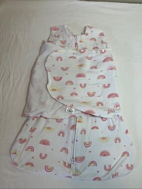 Newborn Halo Infant Wearable Swaddle - White with Pink & Yellow Rainbow Print
